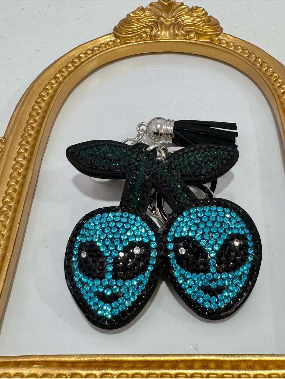 New Crystal Alien Cherries Keychain - Teal & Black